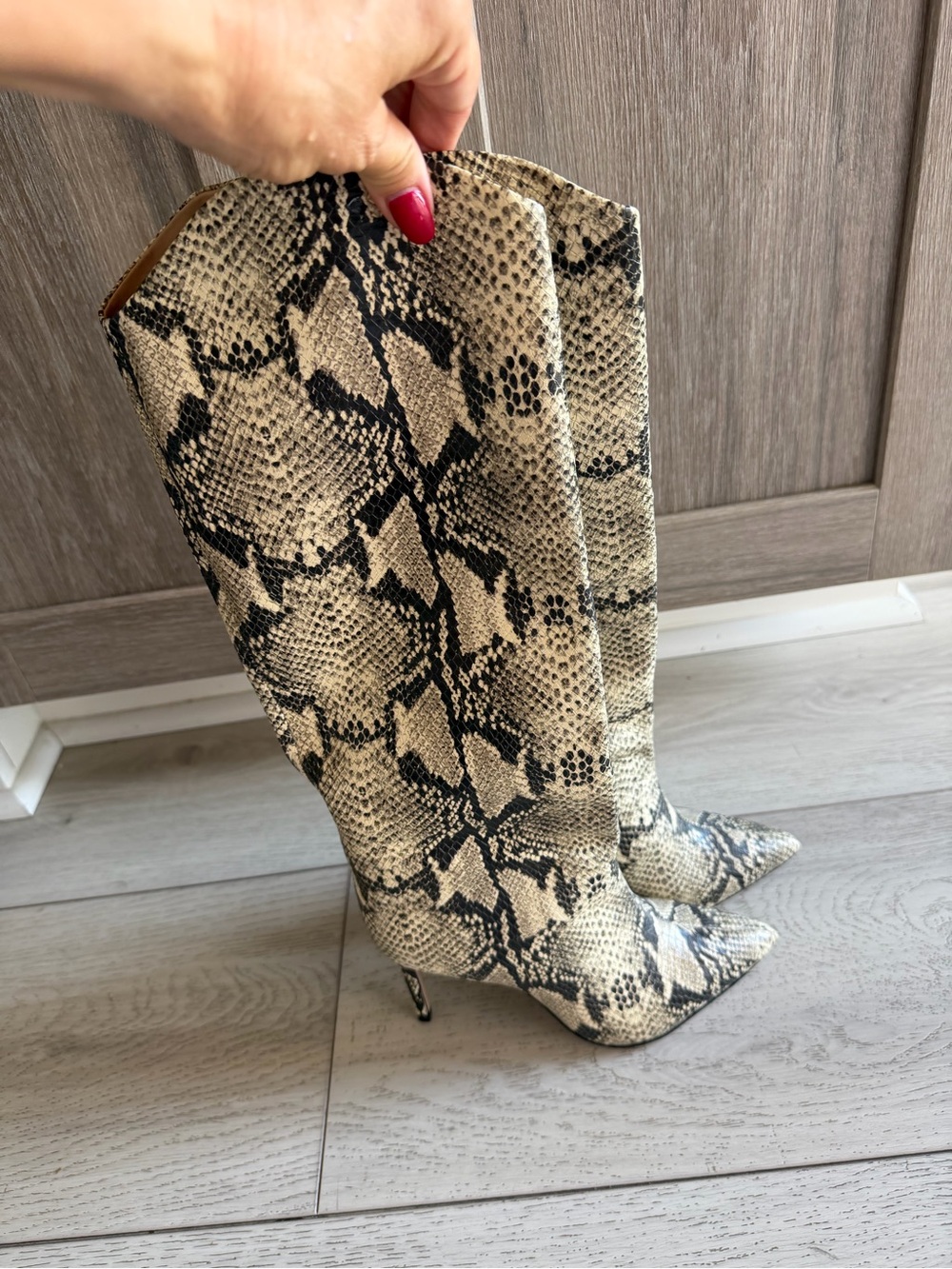 SCHUTZ Beige and Black Snakeskin Over-the-Knee Pointed Boots